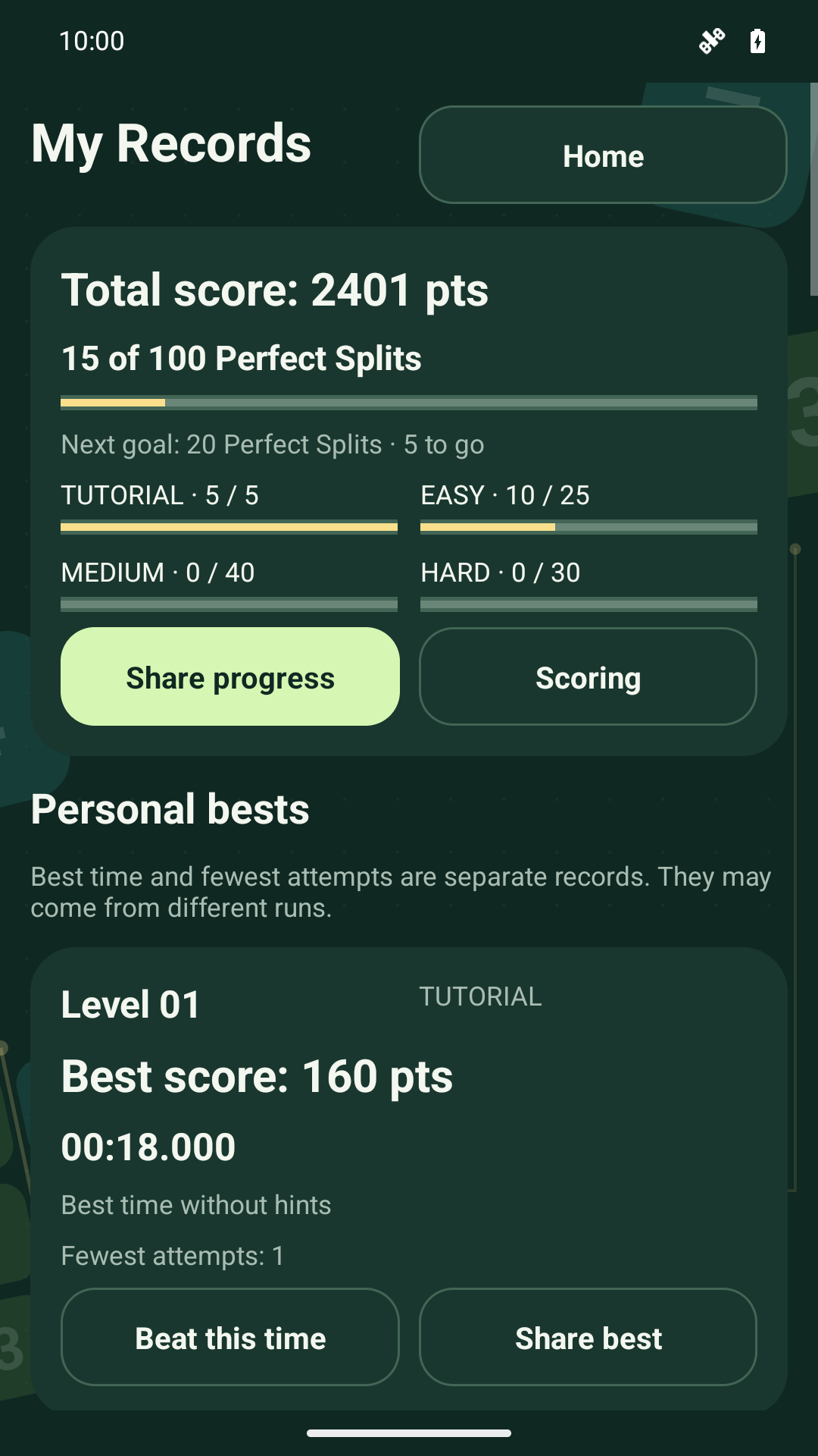 Personal records with scores and optional sharing